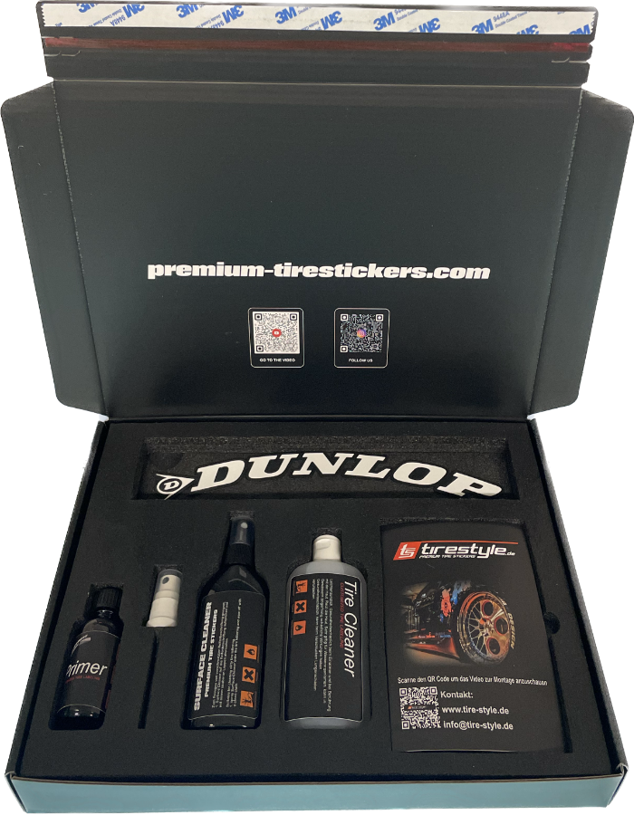 Dunlop Reifensticker - selbstklebend - Höhe 20mm Inkl. Primer und Tire Clenaer-Version 2025