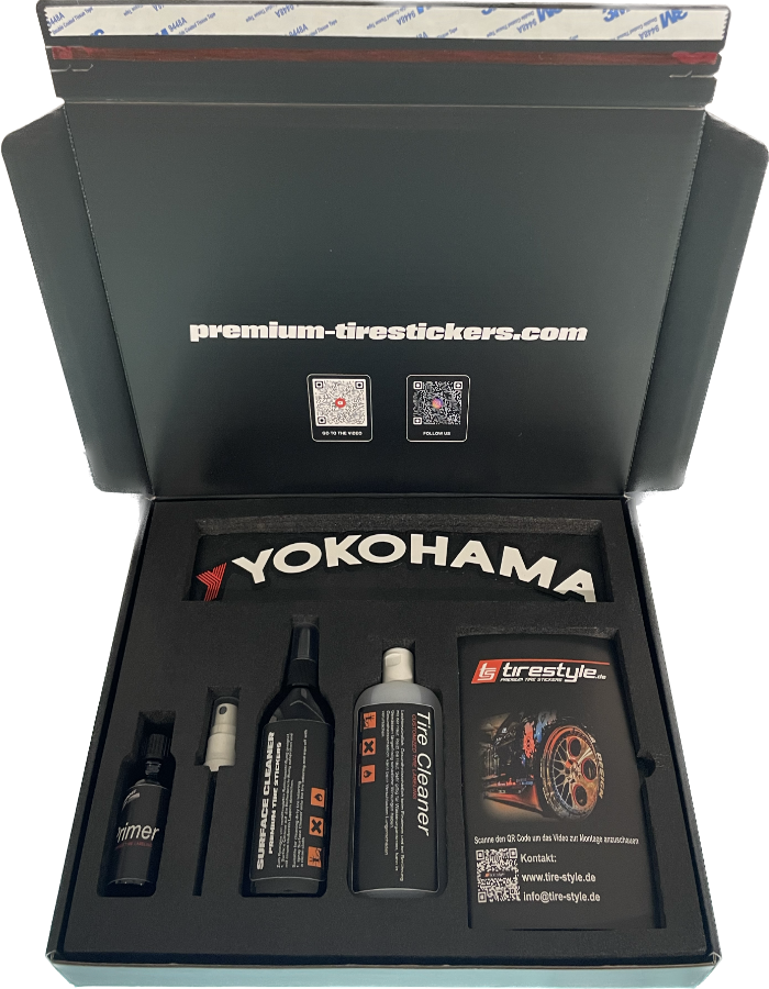 Yokohama Reifensticker - selbstklebend - Höhe 20mm Inkl. Primer und Tire Clenaer-Version 2025